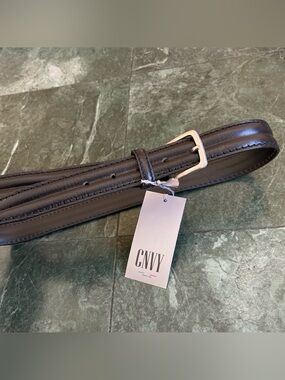 CNVY Women's Black Leather Belt with Silver Buckle